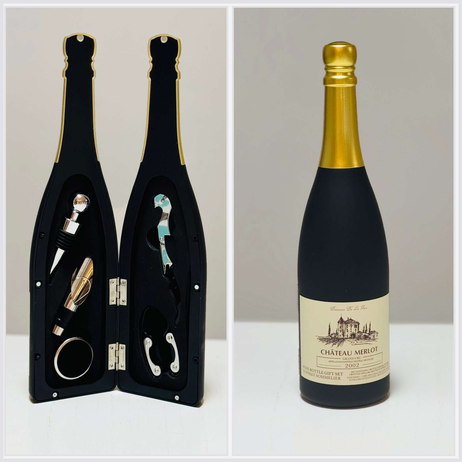 Botella con accesorios para vino